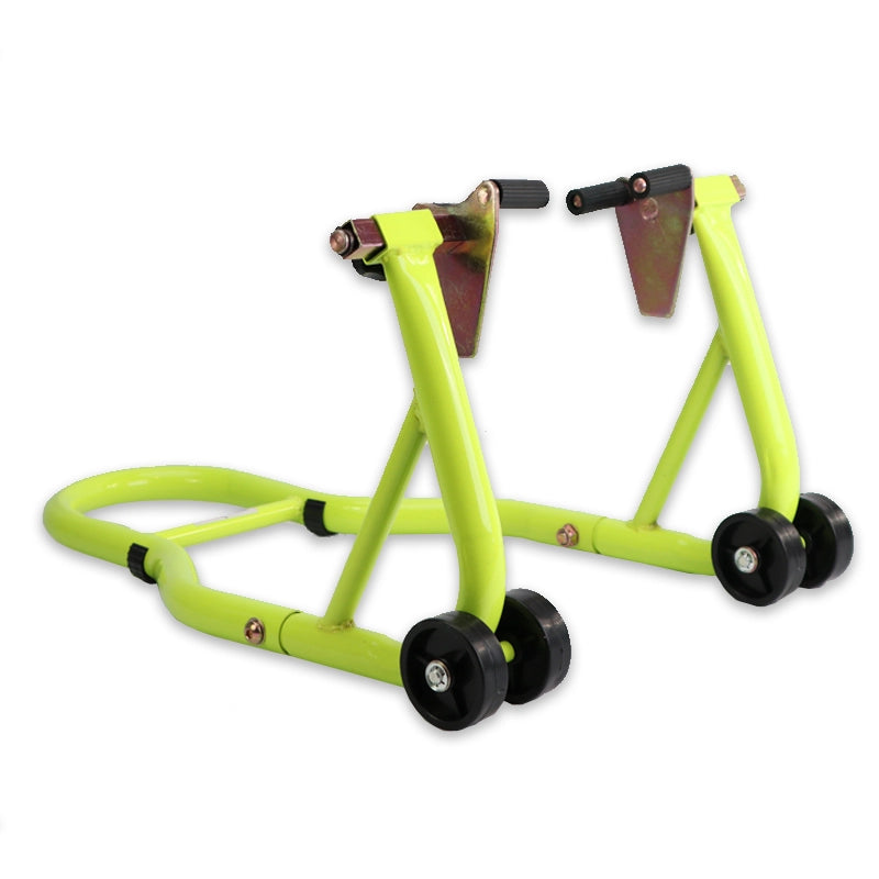 Béquille d’atelier moto roue avant verte avec roulettes et supports de fourche
