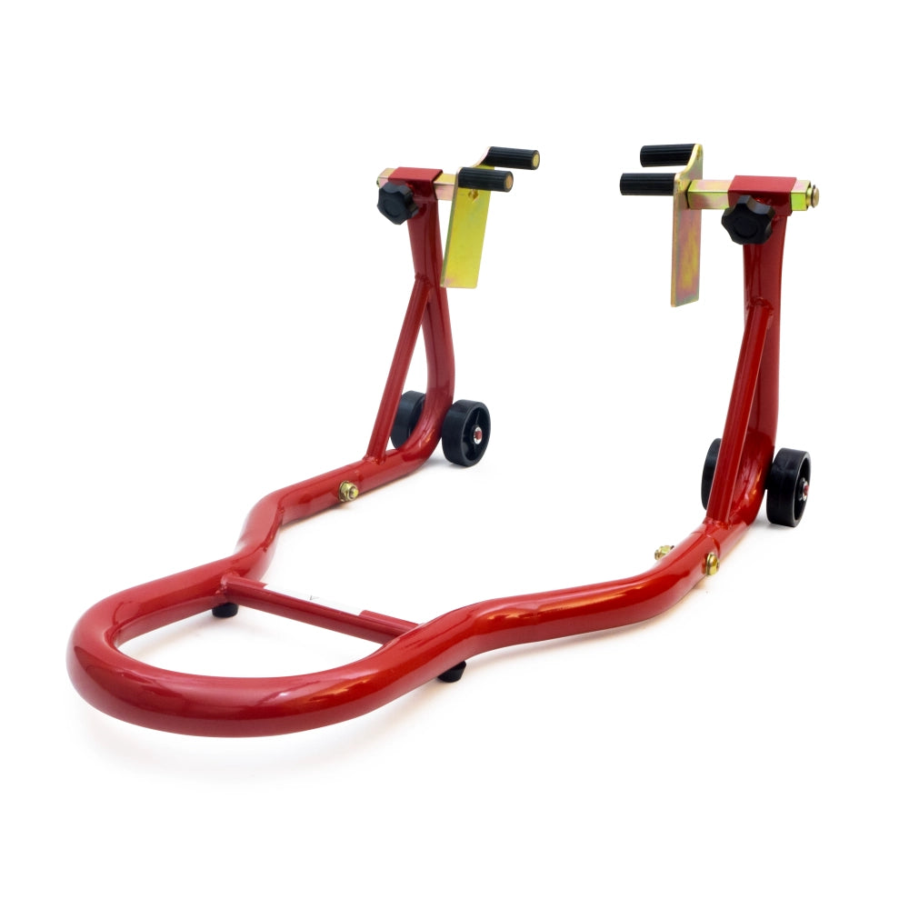 Béquille d’atelier moto roue avant rouge avec supports de fourche