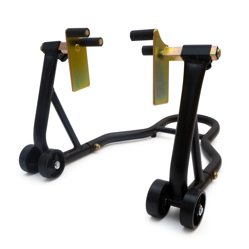 Béquille d’atelier moto roue avant noire avec supports de fourche et roulettes