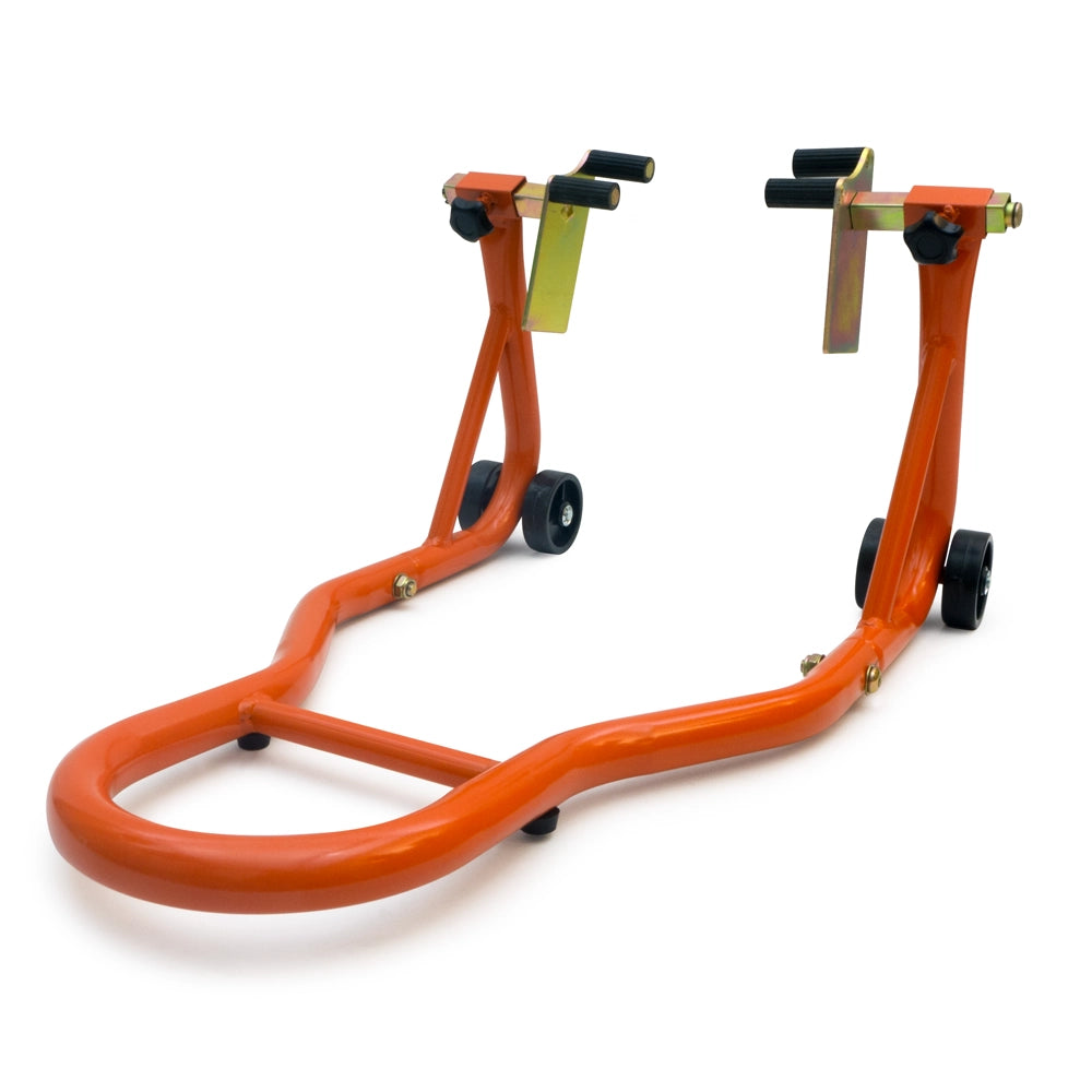Béquille d’atelier moto roue avant orange avec supports de fourche et roulettes