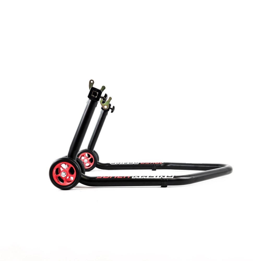Béquille arrière moto monobloc pour diabolos avec roulettes