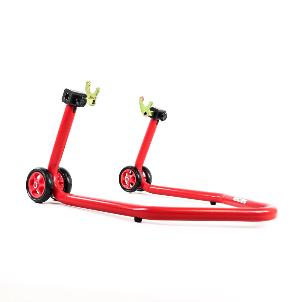 Béquille arrière moto monobloc rouge pour diabolos avec roulettes 