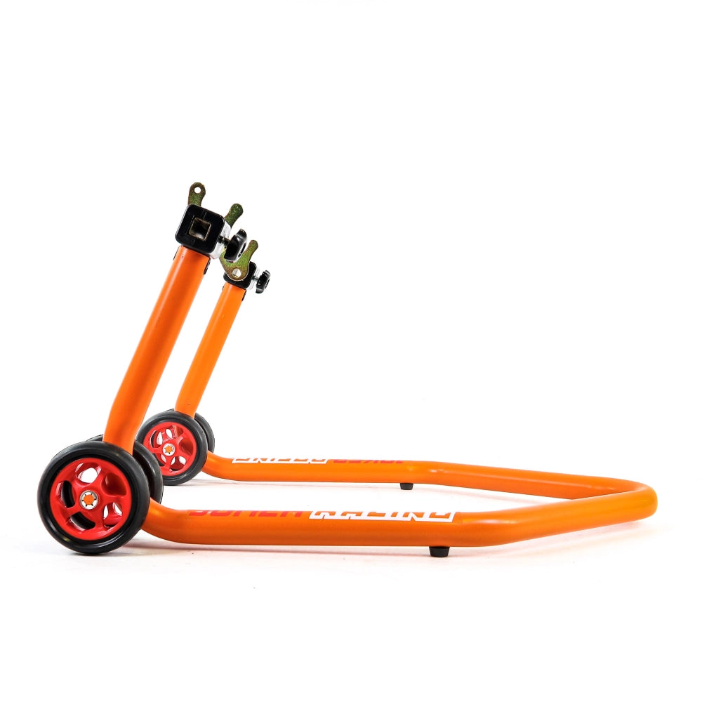 Béquille arrière moto monobloc orange pour diabolos - vue latérale
